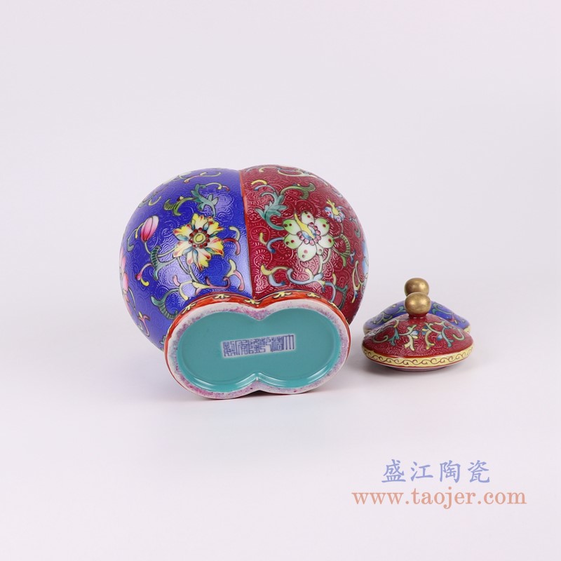 粉彩珐琅彩红蓝双胞胎扒花缠枝莲双将军罐小号;产品编号:RYLW35-S 产品尺寸(单位cm): 高:22直径:15.8口径:底径:10.4重量:1.05KG