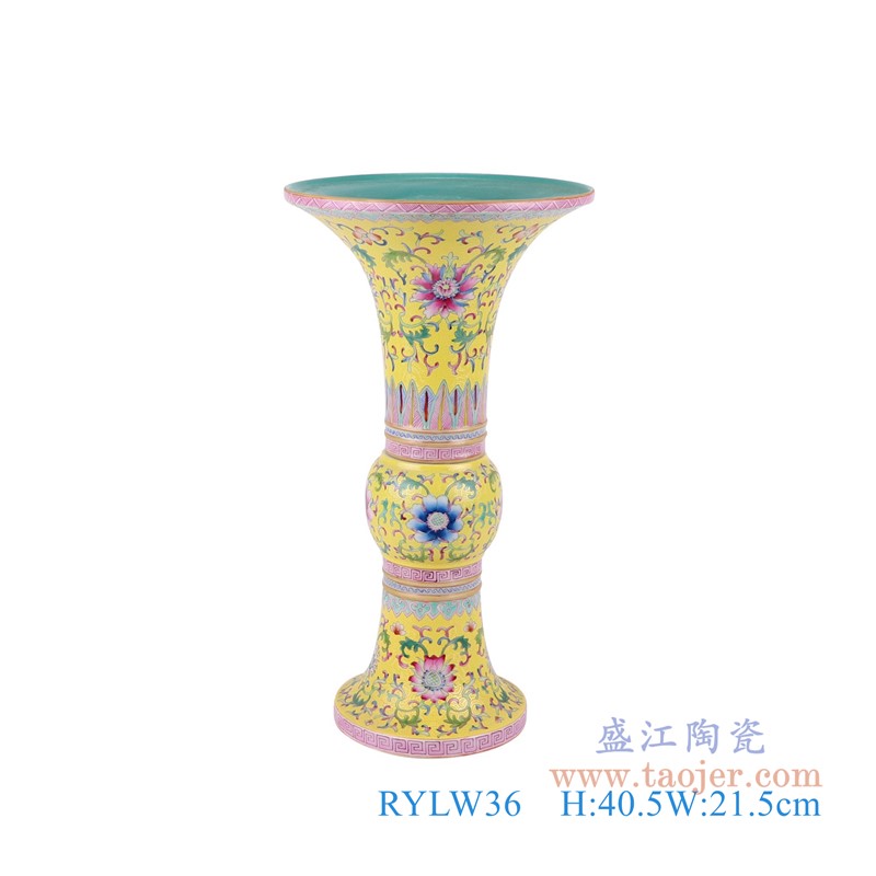 粉彩珐琅彩黄底扒花缠枝莲花菇瓶;产品编号:RYLW36 产品尺寸(单位cm): 高:40.5直径:21.5口径:底径:14.5重量:2.8KG