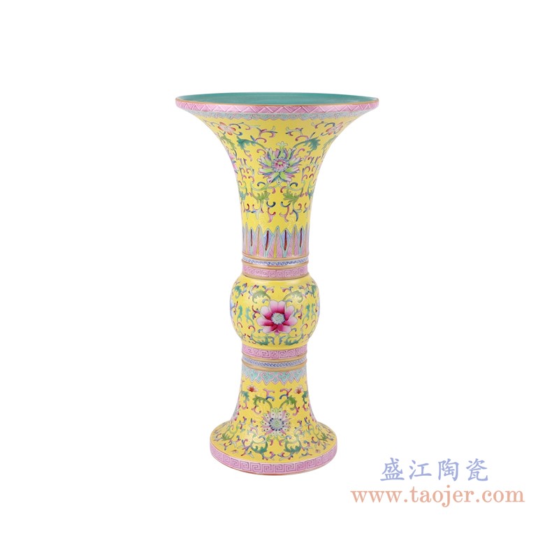 粉彩珐琅彩黄底扒花缠枝莲花菇瓶;产品编号:RYLW36 产品尺寸(单位cm): 高:40.5直径:21.5口径:底径:14.5重量:2.8KG