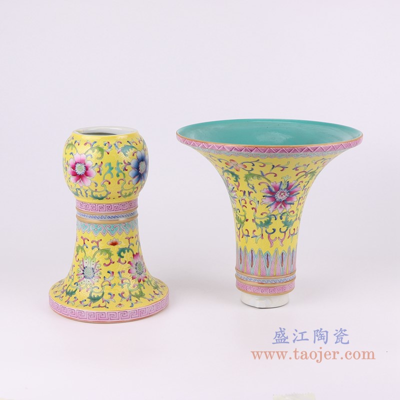 粉彩珐琅彩黄底扒花缠枝莲花菇瓶;产品编号:RYLW36 产品尺寸(单位cm): 高:40.5直径:21.5口径:底径:14.5重量:2.8KG