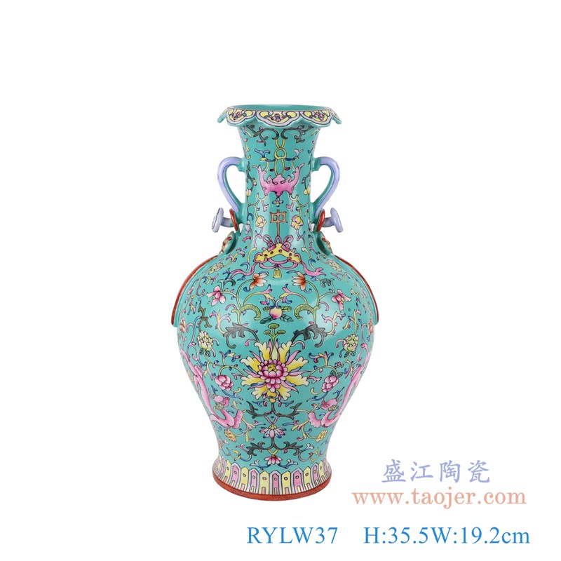 粉彩珐琅彩绿色缠枝莲翻口飘带甁双耳花瓶;产品编号：RYLW37       产品尺寸(单位cm):  高：35.5直径：19.2口径：底径：11.5重量：2.25KG