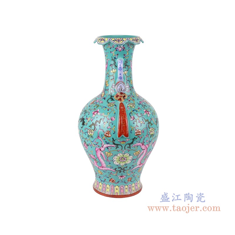 粉彩珐琅彩绿色缠枝莲翻口飘带甁双耳花瓶;产品编号：RYLW37       产品尺寸(单位cm):  高：35.5直径：19.2口径：底径：11.5重量：2.25KG