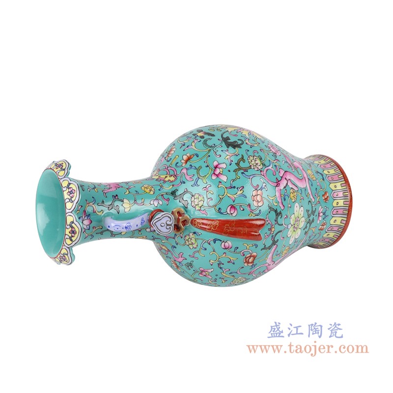 粉彩珐琅彩绿色缠枝莲翻口飘带甁双耳花瓶;产品编号：RYLW37       产品尺寸(单位cm):  高：35.5直径：19.2口径：底径：11.5重量：2.25KG粉彩珐琅彩绿色缠枝莲翻口飘带甁双耳花瓶;产品编号：RYLW37       产品尺寸(单位cm):  高：35.5直径：19.2口径：底径：11.5重量：2.25KG