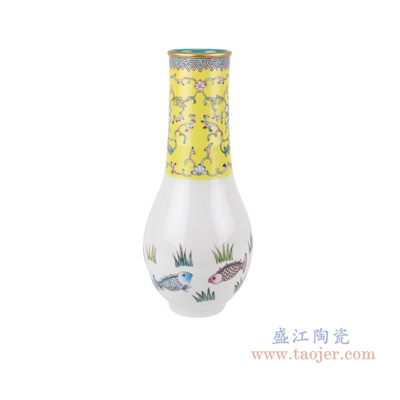粉彩珐琅彩黄底扒花四耳缠枝莲镂空转心瓶;产品编号：RYLW39       产品尺寸(单位cm):  高：43.8直径：21.7口径：底径：13.5重量：4.8KG