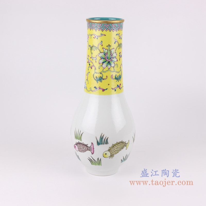 粉彩珐琅彩黄底扒花四耳缠枝莲镂空转心瓶;产品编号：RYLW39       产品尺寸(单位cm):  高：43.8直径：21.7口径：底径：13.5重量：4.8KG