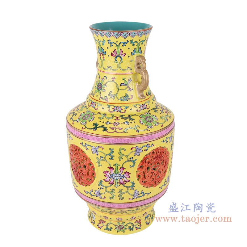粉彩珐琅彩黄底扒花开窗缠枝莲镂空转心瓶双耳花瓶;产品编号：RYLW43       产品尺寸(单位cm):  高：41.6直径：21.6口径：底径：14.8重量：5.85KG