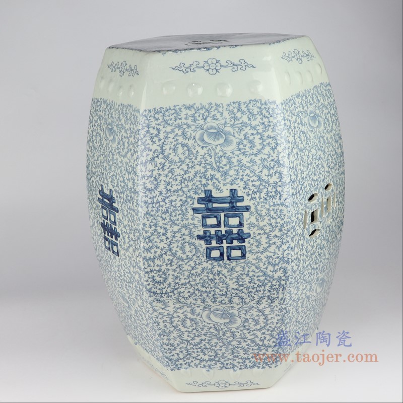 青花缠枝喜字纹铜钱孔六方凳子凉墩;产品编号:RYVM39 产品尺寸(单位cm): 高:48直径:37口径:底径:25重量:10KG