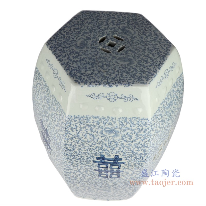 青花缠枝喜字纹铜钱孔六方凳子凉墩;产品编号:RYVM39 产品尺寸(单位cm): 高:48直径:37口径:底径:25重量:10KG