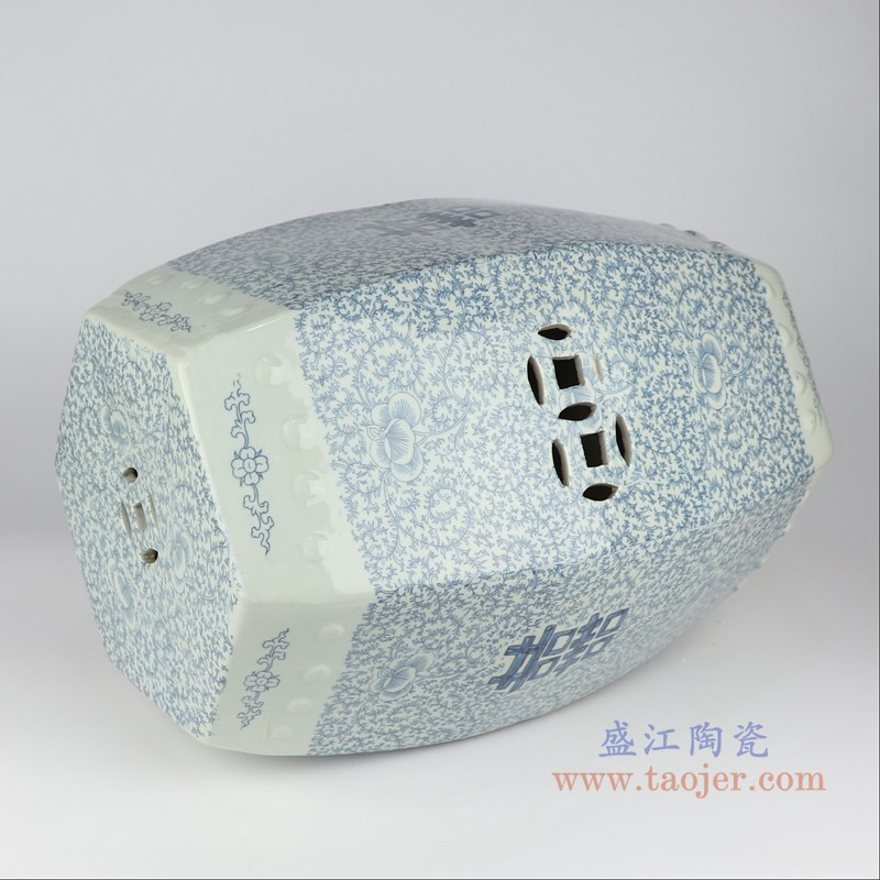 青花缠枝喜字纹铜钱孔六方凳子凉墩;产品编号:RYVM39 产品尺寸(单位cm): 高:48直径:37口径:底径:25重量:10KG