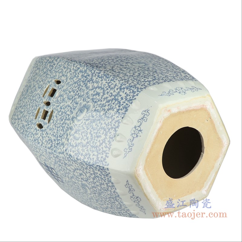 青花缠枝喜字纹铜钱孔六方凳子凉墩;产品编号:RYVM39 产品尺寸(单位cm): 高:48直径:37口径:底径:25重量:10KG