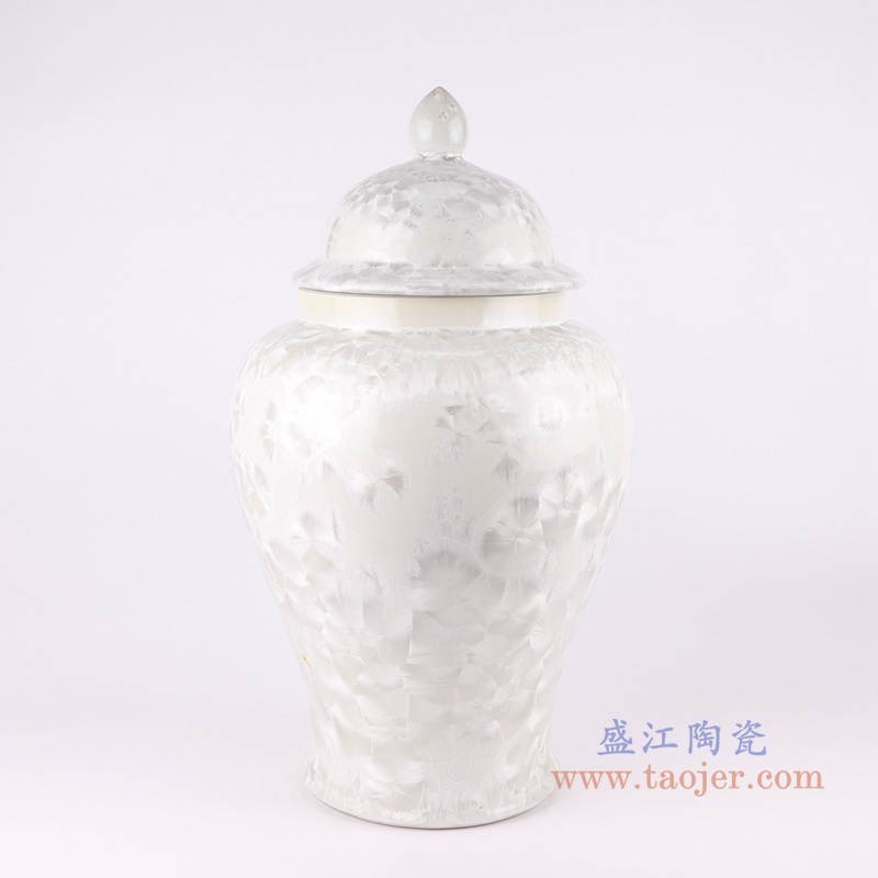 白色结晶釉将军罐;产品编号:RYYX10 产品尺寸(单位cm): 高:48.5直径:27.4口径:底径:17.6重量:8.05KG