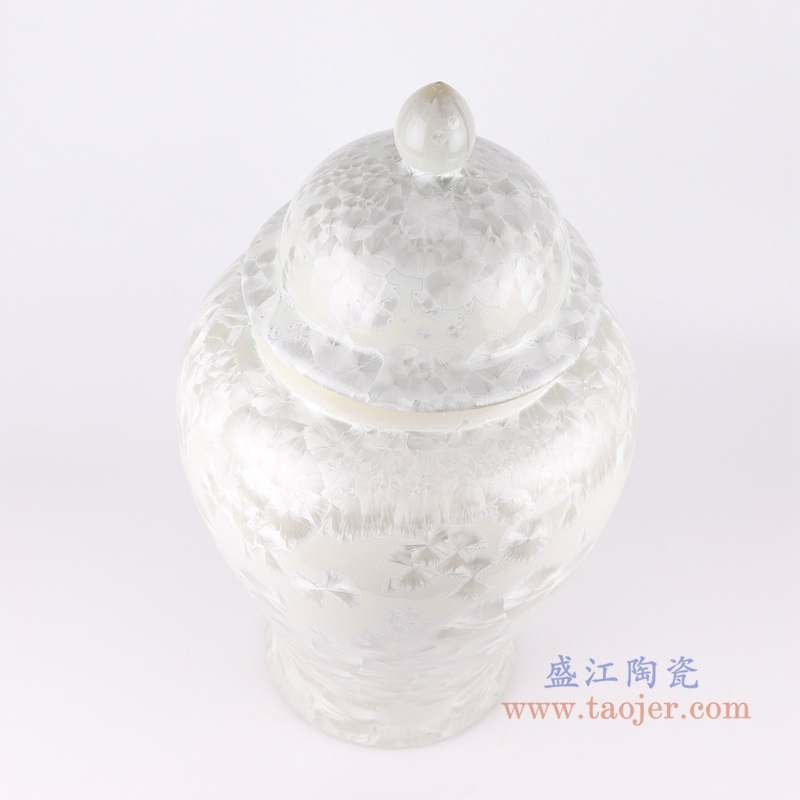 白色结晶釉将军罐;产品编号:RYYX10 产品尺寸(单位cm): 高:48.5直径:27.4口径:底径:17.6重量:8.05KG