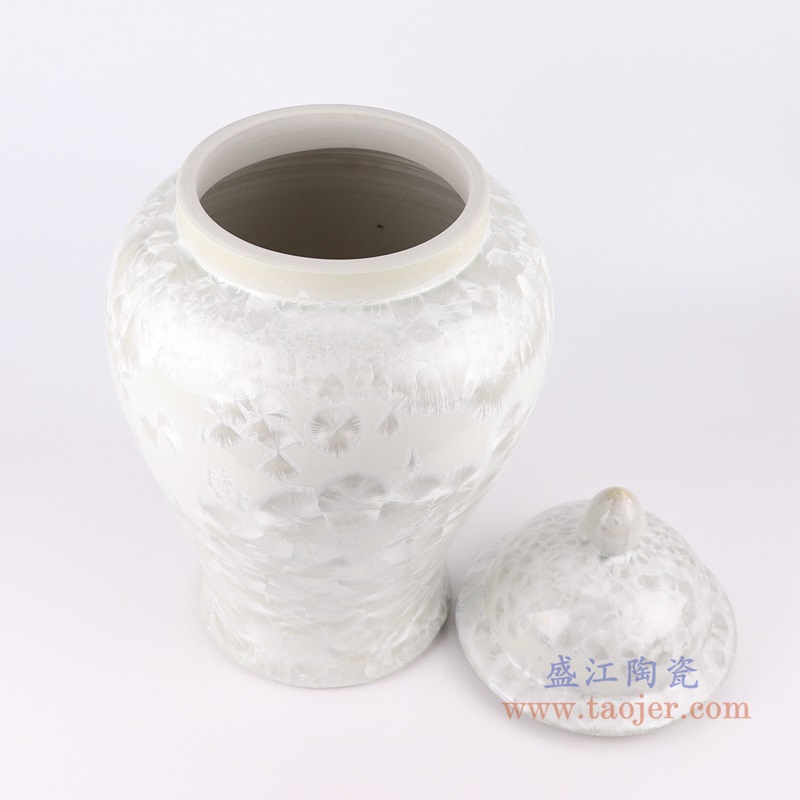 白色结晶釉将军罐;产品编号:RYYX10 产品尺寸(单位cm): 高:48.5直径:27.4口径:底径:17.6重量:8.05KG
