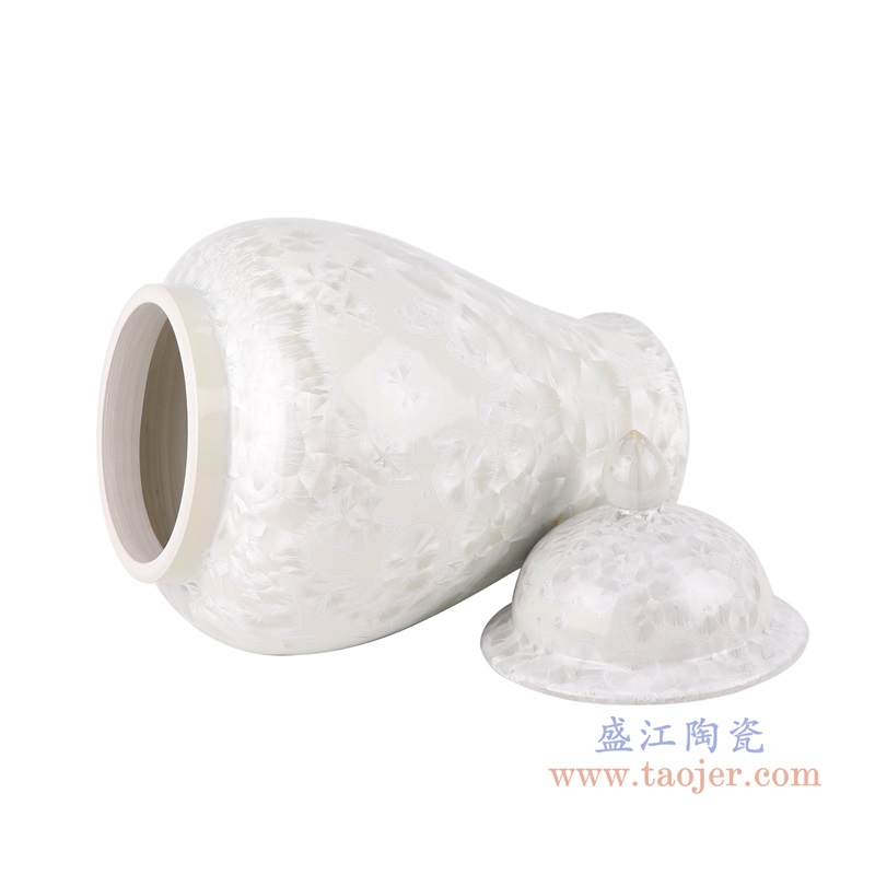 白色结晶釉将军罐;产品编号:RYYX10 产品尺寸(单位cm): 高:48.5直径:27.4口径:底径:17.6重量:8.05KG