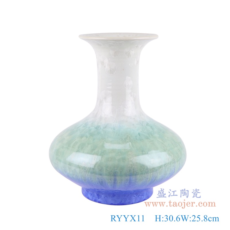 窑变结晶釉蓝白扁肚瓶;产品编号:RYYX11 产品尺寸(单位cm): 高:30.6直径:25.8口径:底径:13.3重量:4.35KG