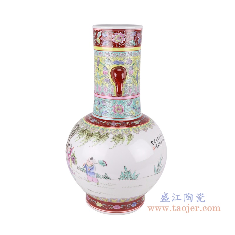 粉彩山水人物仕女童子象耳花瓶;产品编号：RZAI20       产品尺寸(单位cm):  高：53.8直径：30.1口径：底径：18.2重量：8.75KG