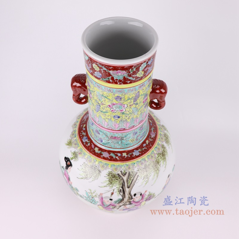 粉彩山水人物仕女童子象耳花瓶;产品编号：RZAI20       产品尺寸(单位cm):  高：53.8直径：30.1口径：底径：18.2重量：8.75KG
