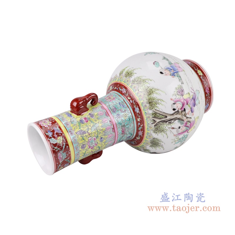 粉彩山水人物仕女童子象耳花瓶;产品编号：RZAI20       产品尺寸(单位cm):  高：53.8直径：30.1口径：底径：18.2重量：8.75KG