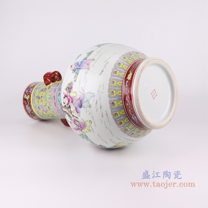 粉彩山水人物仕女童子象耳花瓶;产品编号：RZAI20       产品尺寸(单位cm):  高：53.8直径：30.1口径：底径：18.2重量：8.75KG