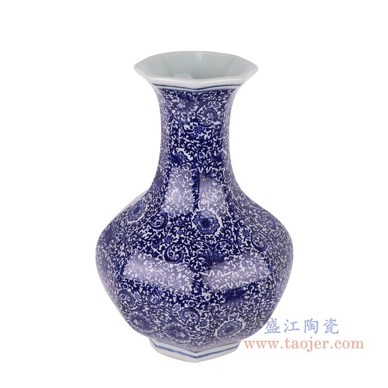 青花缠枝莲八方赏瓶;产品编号：RZAP16       产品尺寸(单位cm):  高：34.3直径：23.6口径：底径：13重量：3.15KG