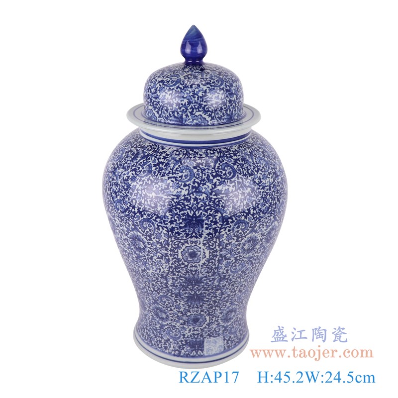 青花缠枝莲将军罐;产品编号:RZAP17 产品尺寸(单位cm): 高:45.2直径:24.5口径:底径:17.4重量:4.35KG