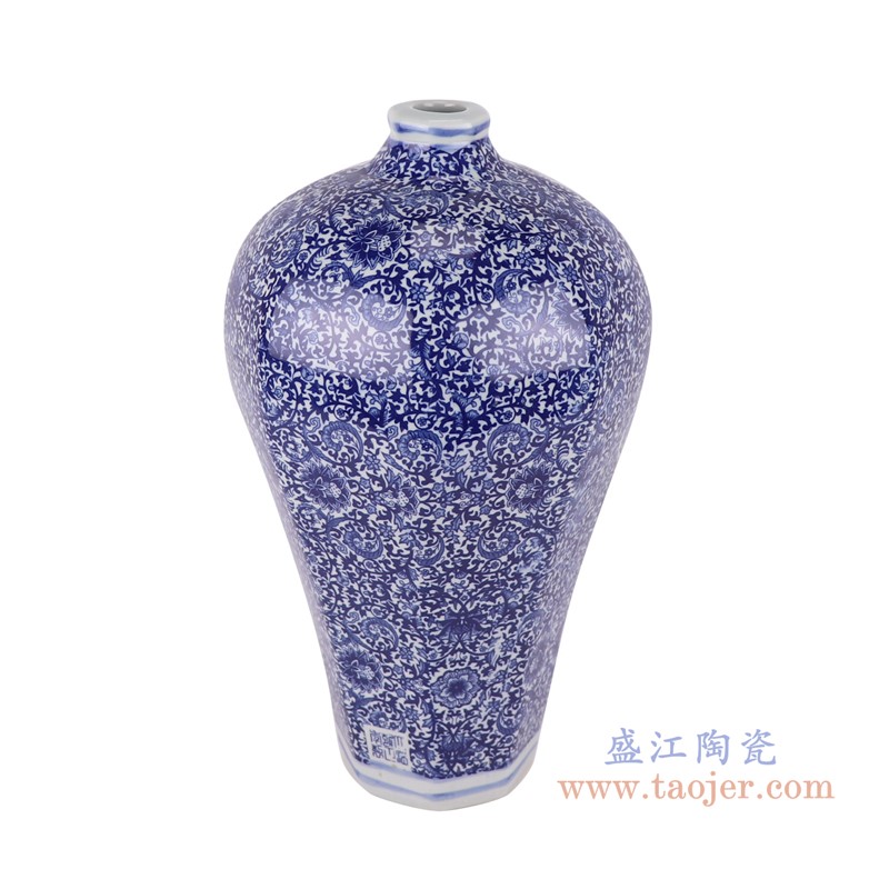 青花缠枝莲八方梅瓶;产品编号：RZAP18       产品尺寸(单位cm):  高：40直径：22.5口径：底径：11.4重量：3.4KG