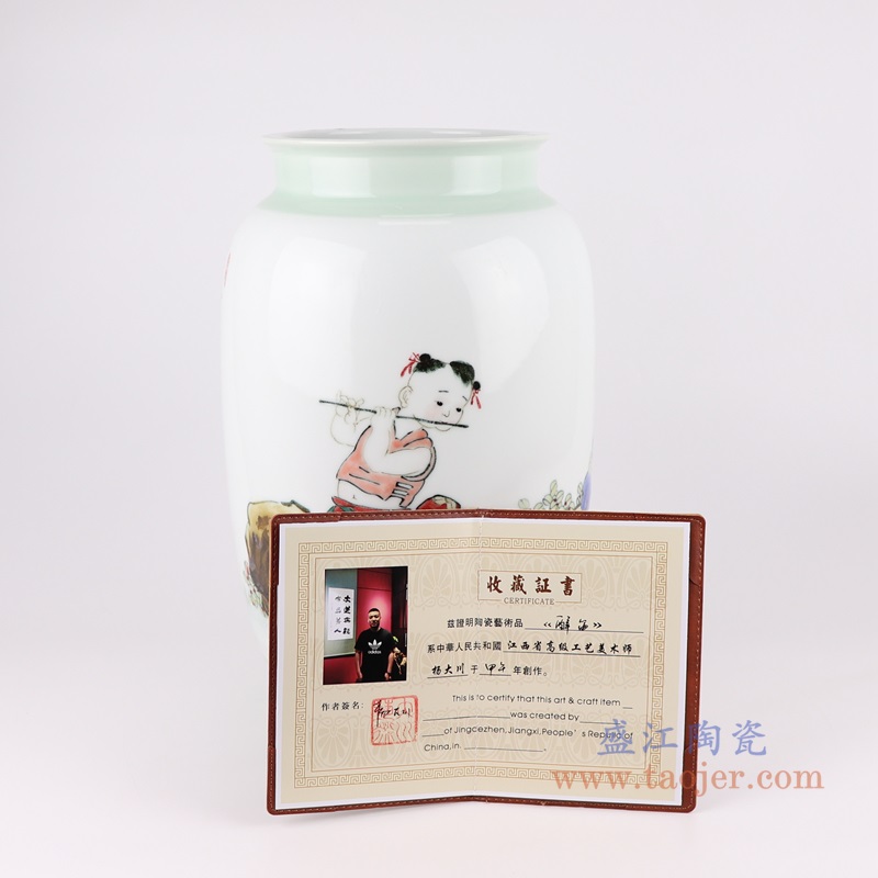 窑变颜色釉彩色童子吹笛冬瓜瓶;产品编号：RZBI12       产品尺寸(单位cm):  高：39直径：24.6口径：底径：16.2重量：3.45KG
