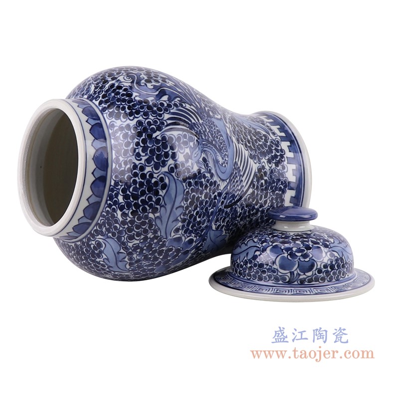 青花缠枝莲凤凰纹将军罐;产品编号:RZCM05-D 产品尺寸(单位cm): 高:36.5直径:22.6口径:底径:17.5重量:3.4KG