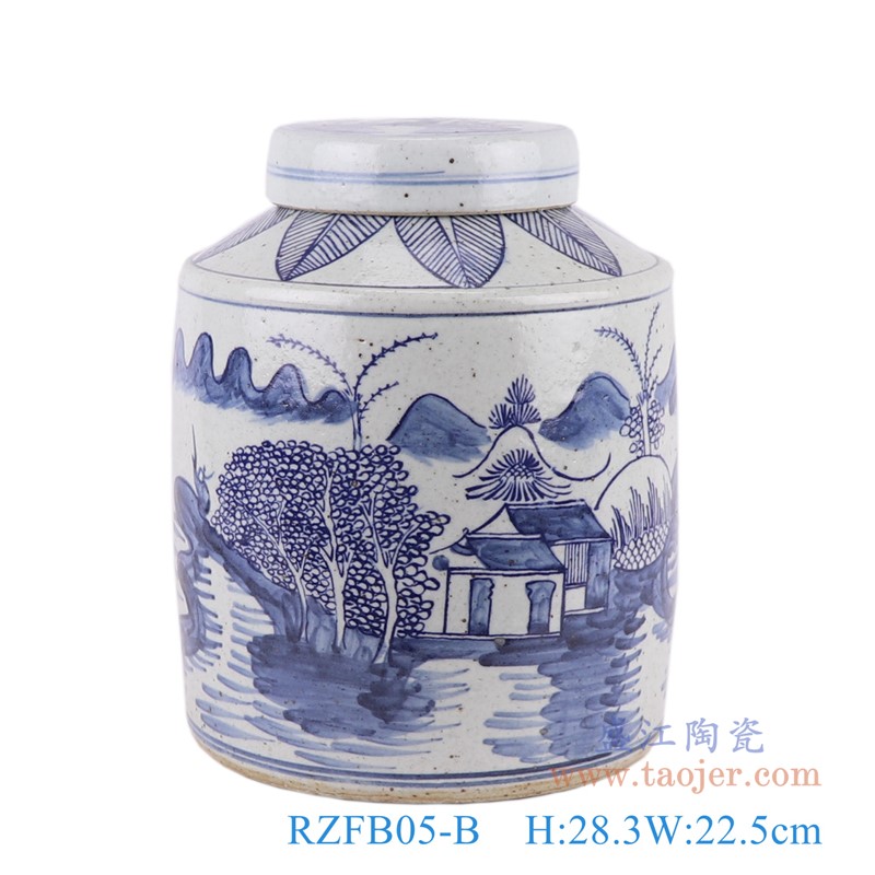 青花山水直筒茶叶罐;产品编号:RZFB05-B 产品尺寸(单位cm): 高:28.3直径:22.5口径:底径:21重量:5.1KG