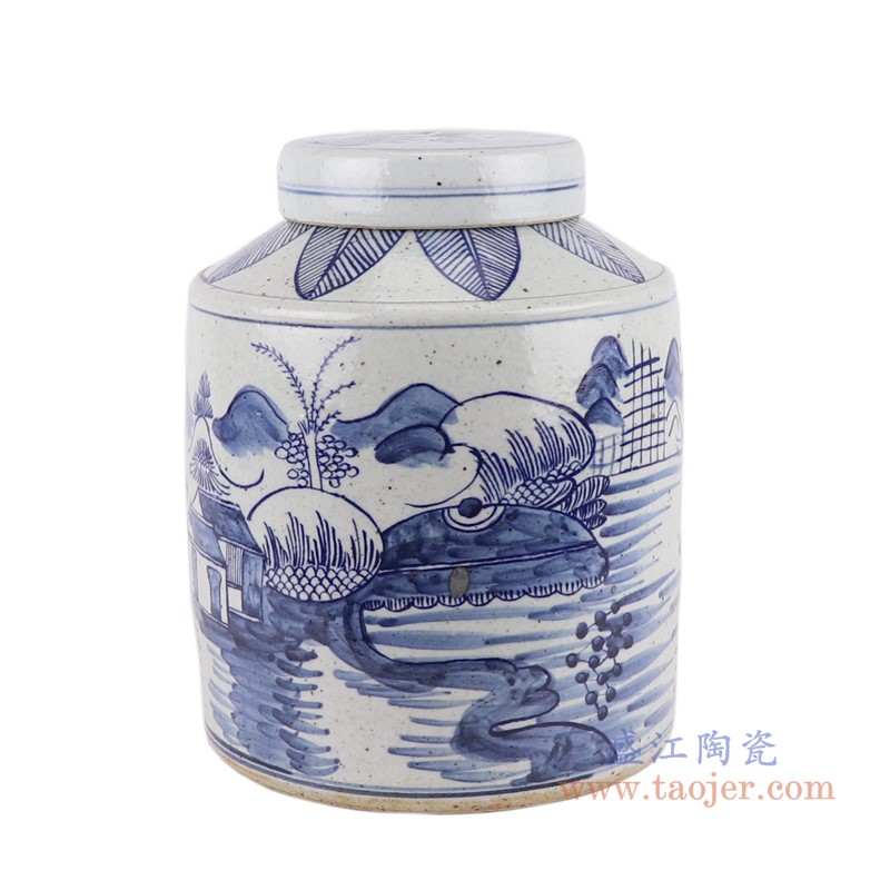 青花山水直筒茶叶罐;产品编号:RZFB05-B 产品尺寸(单位cm): 高:28.3直径:22.5口径:底径:21重量:5.1KG