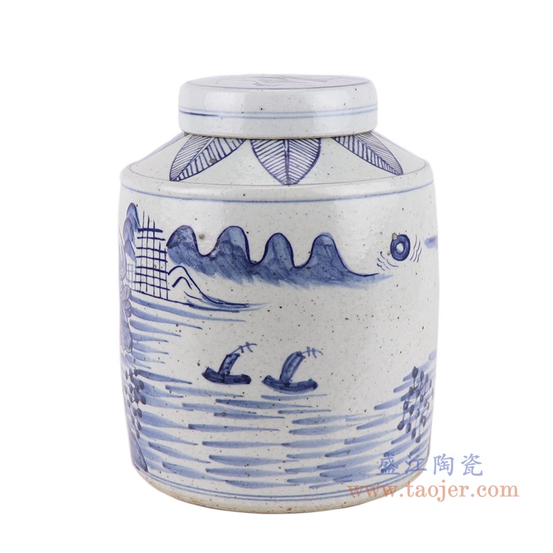 青花山水直筒茶叶罐;产品编号:RZFB05-B 产品尺寸(单位cm): 高:28.3直径:22.5口径:底径:21重量:5.1KG