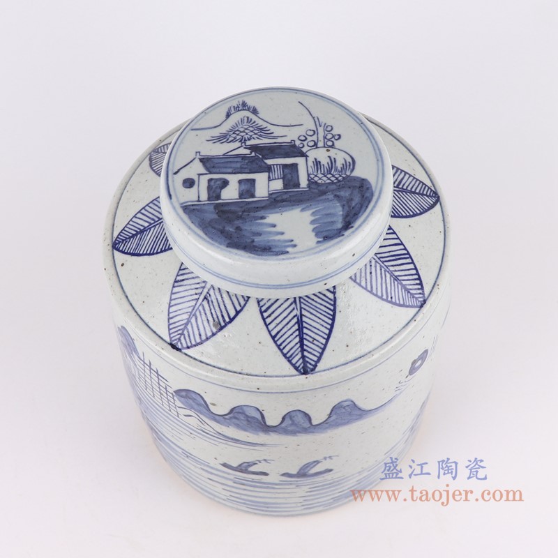 青花山水直筒茶叶罐;产品编号:RZFB05-B 产品尺寸(单位cm): 高:28.3直径:22.5口径:底径:21重量:5.1KG