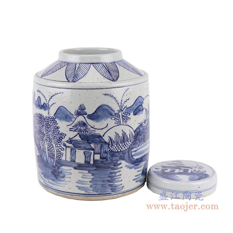 青花山水直筒茶叶罐;产品编号:RZFB05-B 产品尺寸(单位cm): 高:28.3直径:22.5口径:底径:21重量:5.1KG