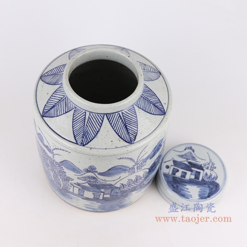 青花山水直筒茶叶罐;产品编号:RZFB05-B 产品尺寸(单位cm): 高:28.3直径:22.5口径:底径:21重量:5.1KG