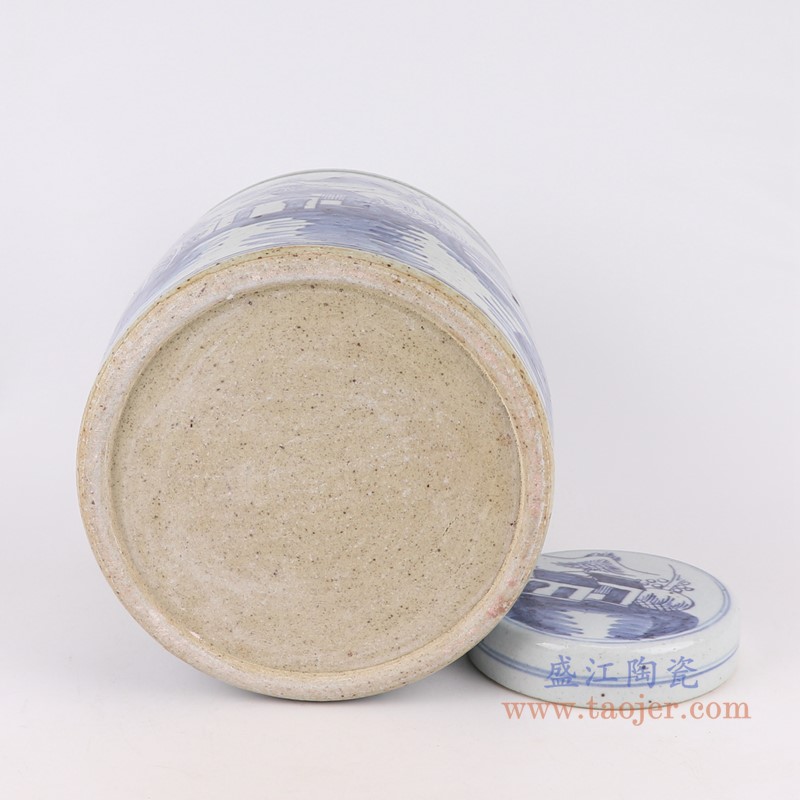 青花山水直筒茶叶罐;产品编号:RZFB05-B 产品尺寸(单位cm): 高:28.3直径:22.5口径:底径:21重量:5.1KG