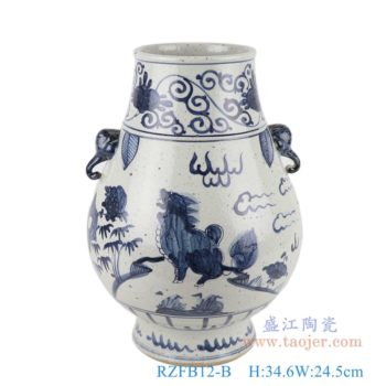 RZFB12-B  青花象耳麒麟纹福桶     高：34.6直径：24.5口径：底径：14.5重量：4.65KG