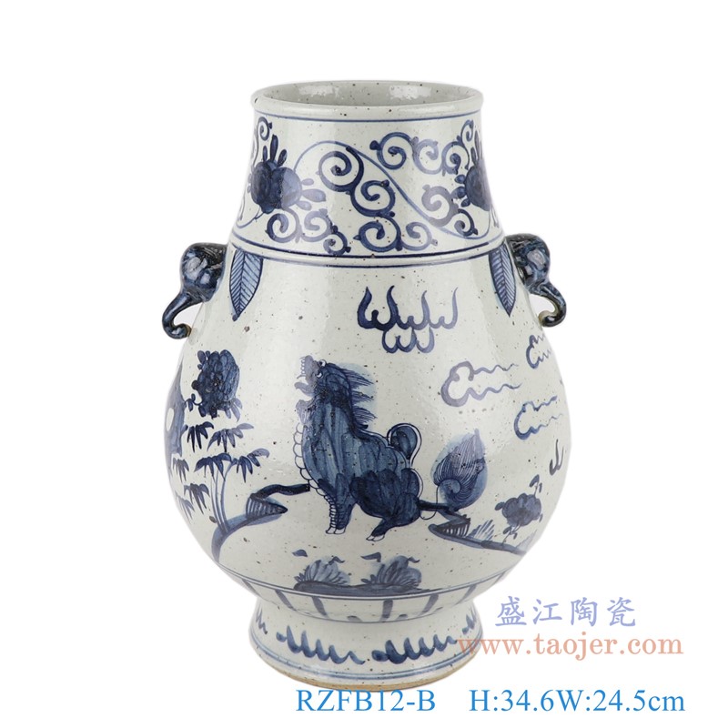 青花象耳麒麟纹福桶;产品编号：RZFB12-B       产品尺寸(单位cm):  高：34.6直径：24.5口径：底径：14.5重量：4.65KG