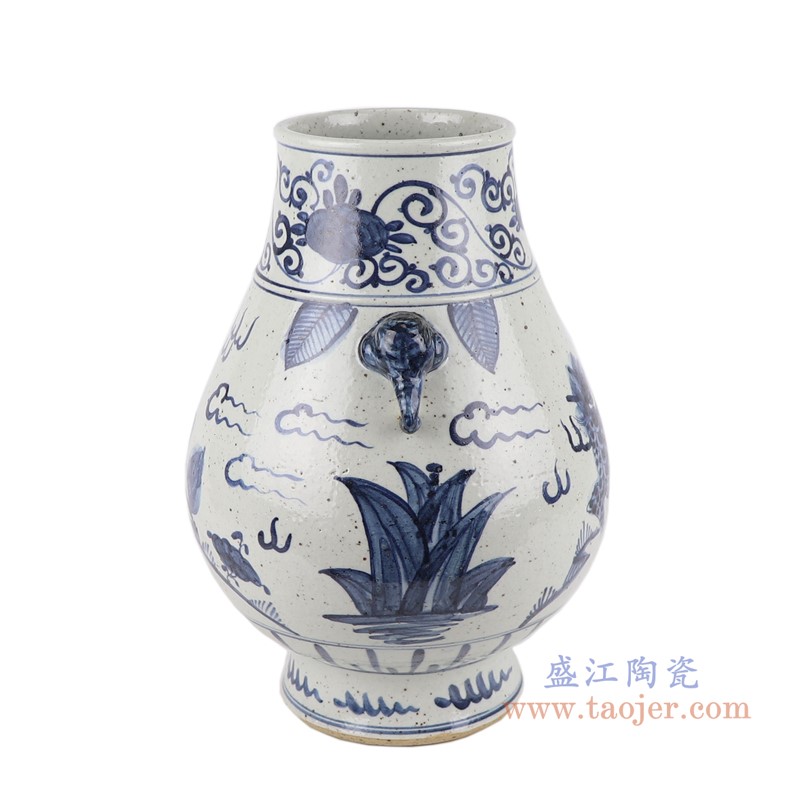 青花象耳麒麟纹福桶;产品编号：RZFB12-B       产品尺寸(单位cm):  高：34.6直径：24.5口径：底径：14.5重量：4.65KG