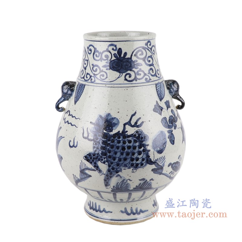 青花象耳麒麟纹福桶;产品编号：RZFB12-B       产品尺寸(单位cm):  高：34.6直径：24.5口径：底径：14.5重量：4.65KG