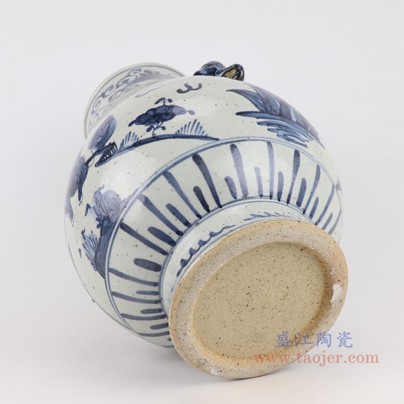 青花象耳麒麟纹福桶;产品编号：RZFB12-B       产品尺寸(单位cm):  高：34.6直径：24.5口径：底径：14.5重量：4.65KG