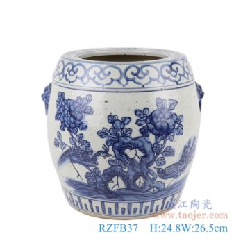 RZFB37    青花狮子环花鸟小缸      高：24.8直径：26.5口径：底径：18.5重量：4KG