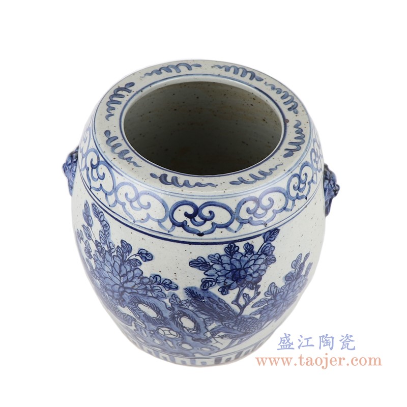 青花狮子环花鸟小缸;产品编号：RZFB37       产品尺寸(单位cm):  高：24.8直径：26.5口径：底径：18.5重量：4KG