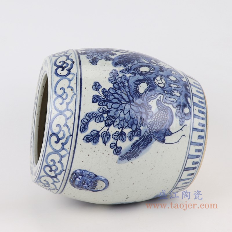 青花狮子环花鸟小缸;产品编号：RZFB37       产品尺寸(单位cm):  高：24.8直径：26.5口径：底径：18.5重量：4KG