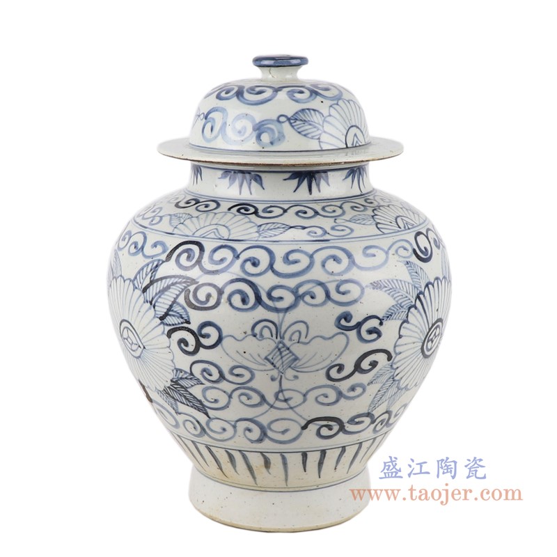 青花太阳花将军罐;产品编号：RZFB39       产品尺寸(单位cm):  高：34直径：25口径：底径：13.7重量：4.5KG