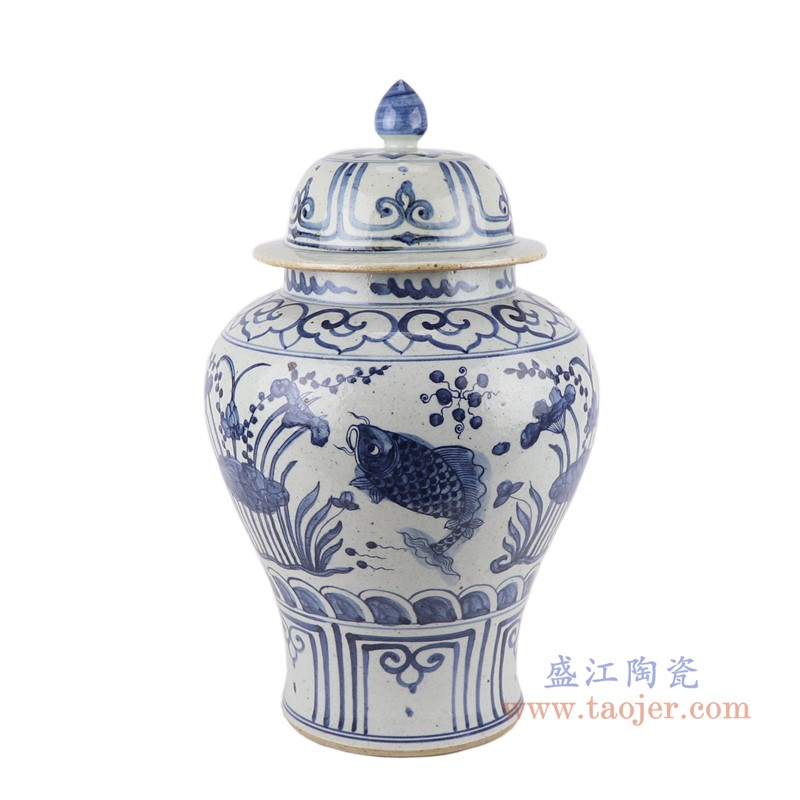 青花鱼藻纹将军罐;产品编号：RZFB40-C       产品尺寸(单位cm):  高：40直径：24口径：底径：16.2重量：4.5KG