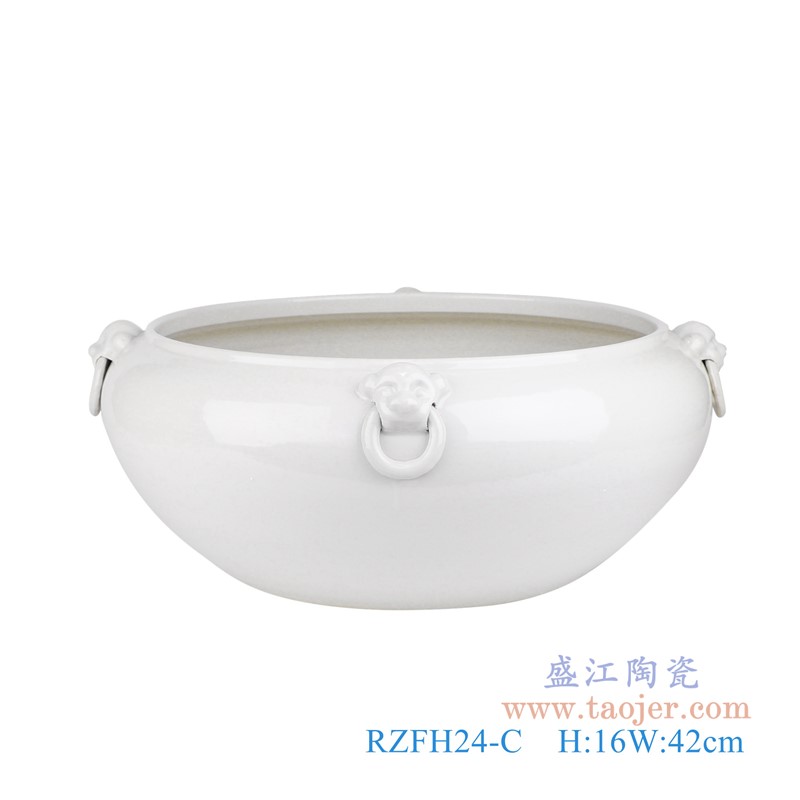 纯白色狮子环笔洗水浅缸;产品编号:RZFH24-C 产品尺寸(单位cm): 高:16直径:42口径:底径:22重量:KG
