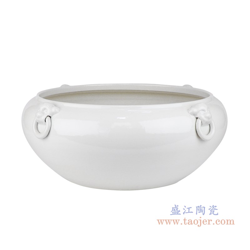 纯白色狮子环笔洗水浅缸;产品编号:RZFH24-C 产品尺寸(单位cm): 高:16直径:42口径:底径:22重量:KG