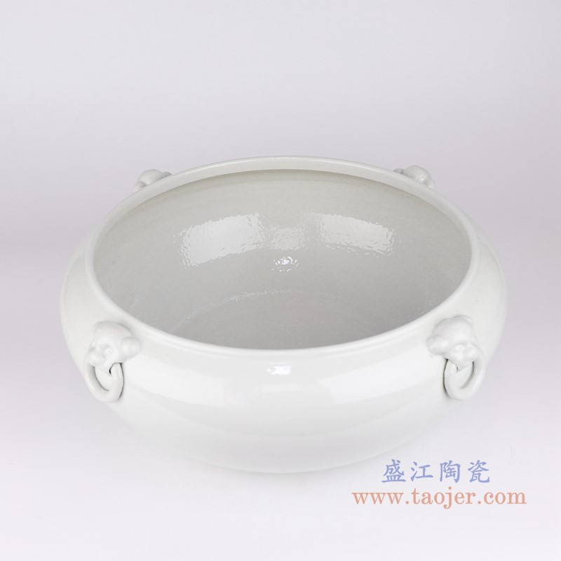 纯白色狮子环笔洗水浅缸;产品编号:RZFH24-C 产品尺寸(单位cm): 高:16直径:42口径:底径:22重量:KG