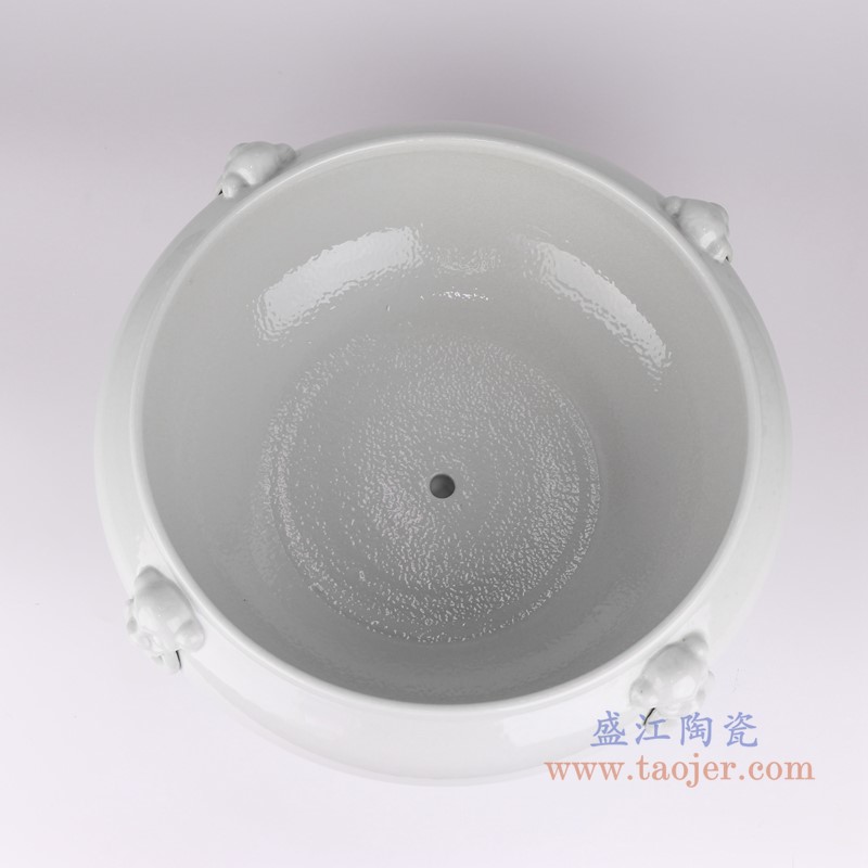 纯白色狮子环笔洗水浅缸;产品编号:RZFH24-C 产品尺寸(单位cm): 高:16直径:42口径:底径:22重量:KG