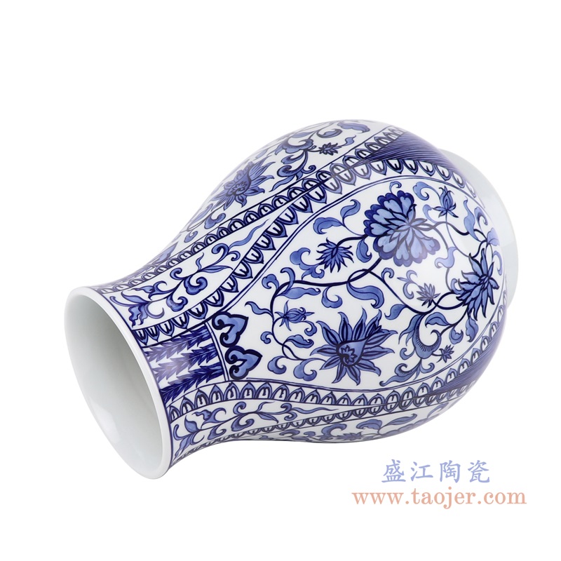 青花开窗花卉福桶瓶;产品编号:RZFQ33 产品尺寸(单位cm): 高:35.5直径:27.3口径:底径:16.5重量:4.8KG